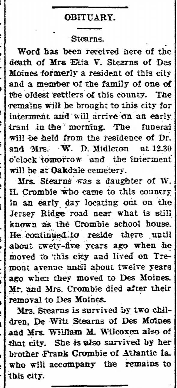 Etta V Crombie Stearns obit